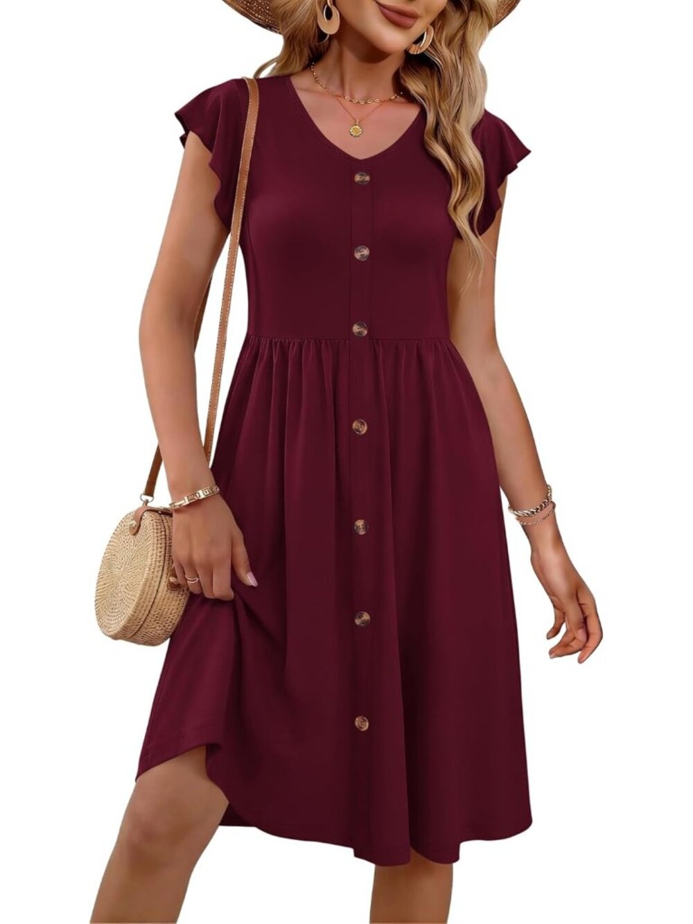 Women's Wine Summer Dresses V-Neck Casual Ruffle Sleeve Sun Dress with Pockets